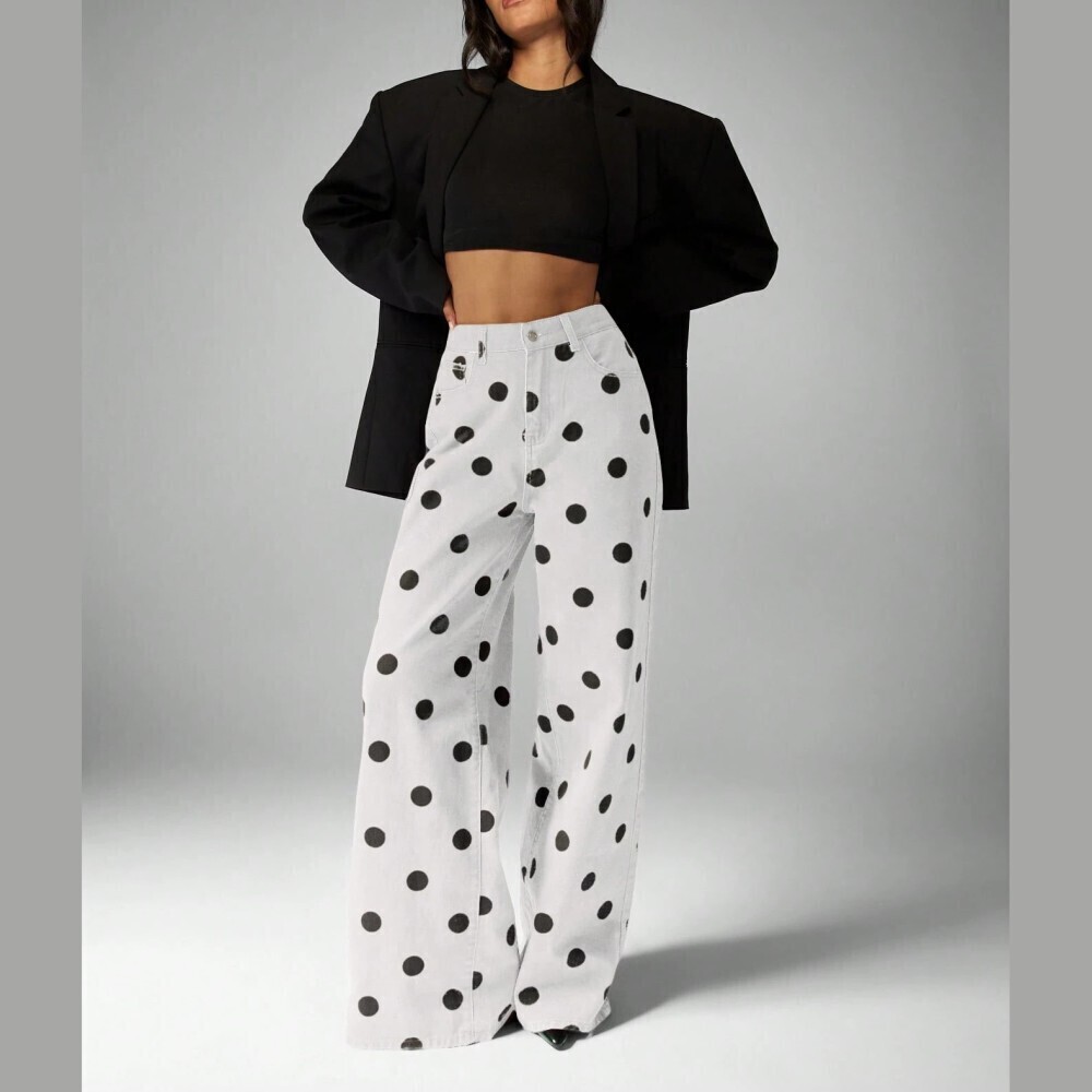White Polka Dot Denim Wide Leg Jeans